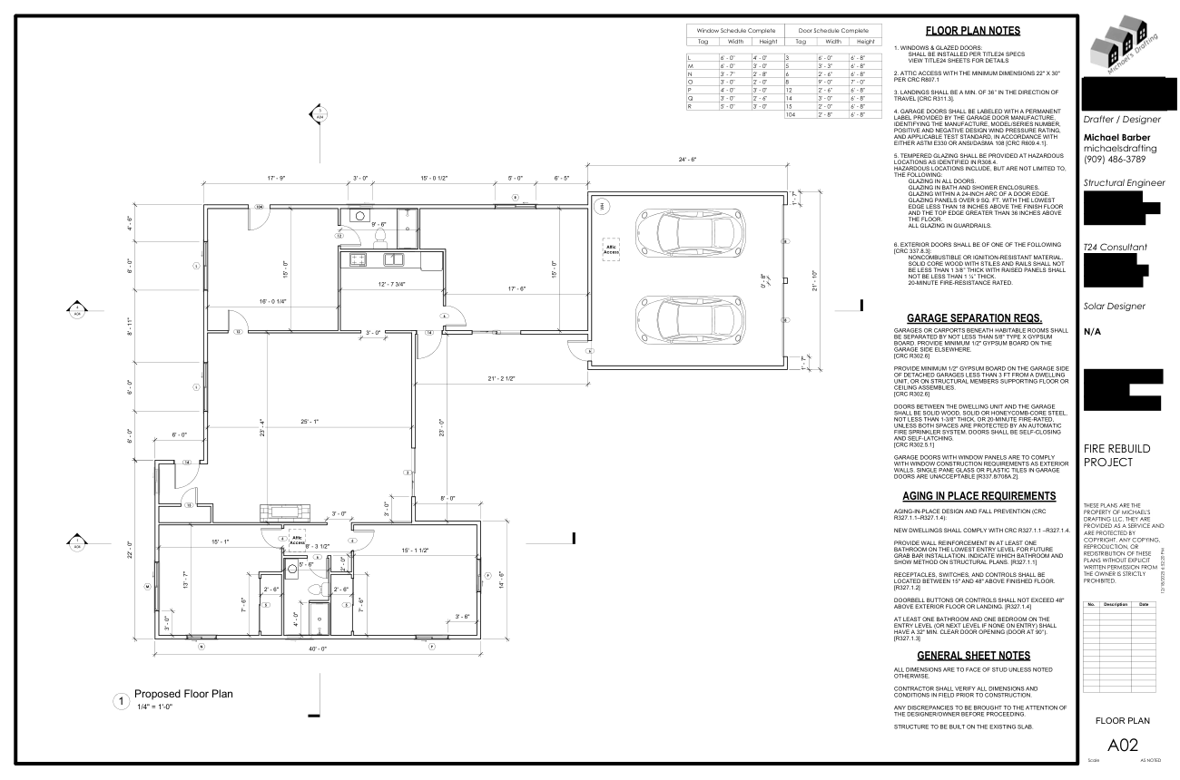 Fire rebuild single-family residence permit plan sheet, Lancaster CA